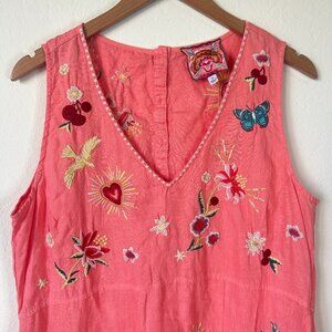 Johnny Was Dress Womens Medium Peach Pink Linen Bird Floral Embroidered Boho M